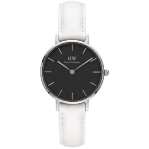 Daniel Wellington Petite Bondi black dial silver case white leather strap front view