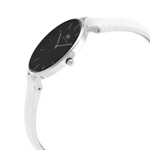 Daniel Wellington Petite Bondi watch side profile showing case and white leather strap