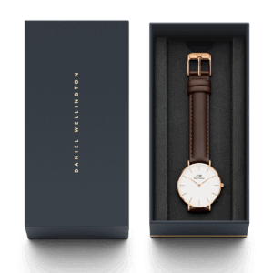 Daniel Wellington Petite Bristol watch in brand packaging with owner's guide