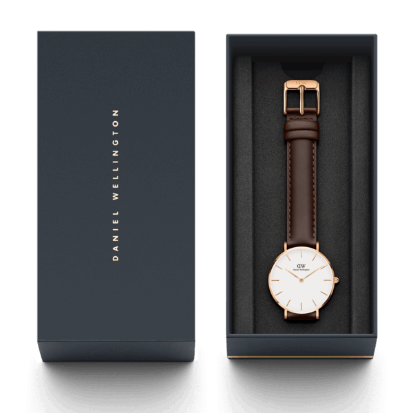 Daniel Wellington Petite Bristol watch in brand packaging with owner's guide