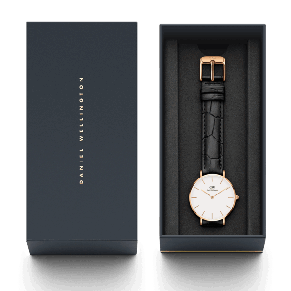 Daniel Wellington Reading watch box set with owner's guide and black crocodile leather strap