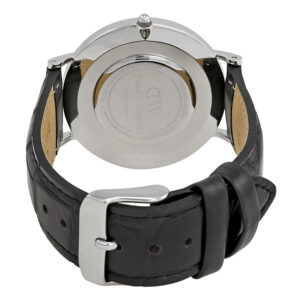 Daniel Wellington Reading watch caseback showing silver case and leather strap detail