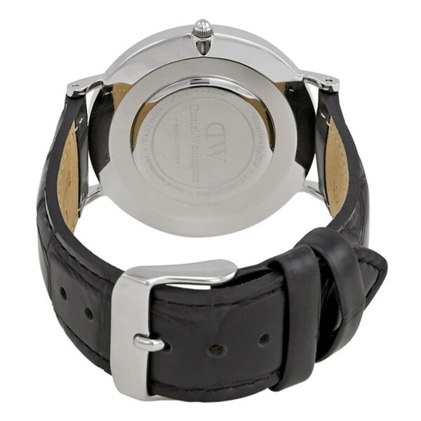 Daniel Wellington Reading watch caseback showing silver case and leather strap detail