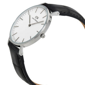 Daniel Wellington Reading watch at angle showing silver case and black quilted leather strap