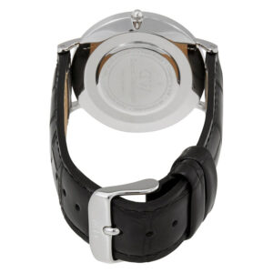 Daniel Wellington Reading watch caseback showing engraved details and black leather strap