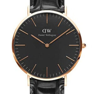 Daniel Wellington Reading 40mm men's watch with rose gold case, black dial, rose gold indices and black leather strap