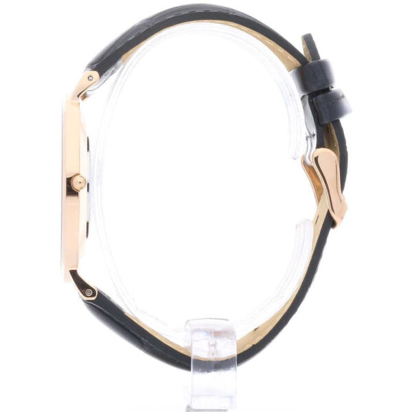 Side profile of Daniel Wellington Reading 40mm watch with rose gold case and black leather strap