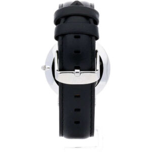 Rear view of Sheffield watch showing black leather strap and silver buckle
