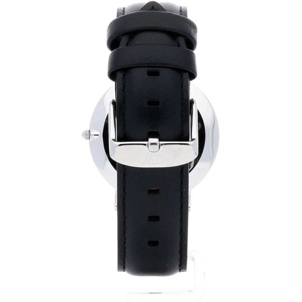 Rear view of Sheffield watch showing black leather strap and silver buckle