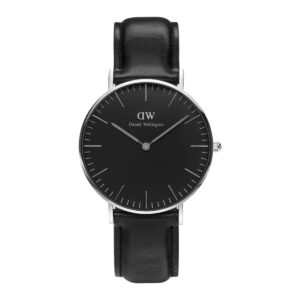 Daniel Wellington Sheffield 36mm watch with black dial, silver case and black leather strap