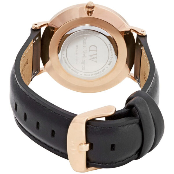 Caseback of Sheffield watch with engraved Daniel Wellington logo and specifications
