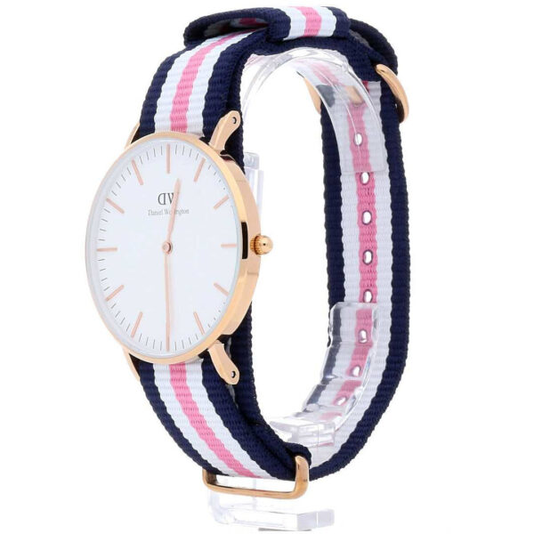 Daniel Wellington Southampton watch shown at angle displaying white dial, rose gold case, and full tricolour fabric strap
