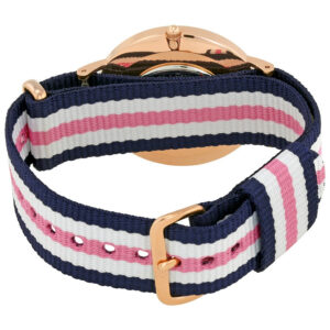 Daniel Wellington Southampton watch strap detail showing navy, pink, and white horizontal stripes with rose gold hardware