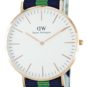 Daniel Wellington Warwick 40mm gold watch with white dial and blue-green striped NATO strap