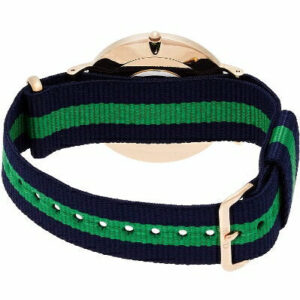 Navy blue and green striped NATO strap with gold buckle hardware on Warwick 40mm watch