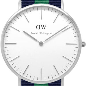 Daniel Wellington Warwick 40mm watch with white dial, silver case, and navy green striped NATO strap