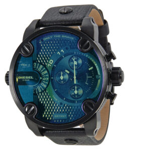 Diesel Big Daddy DZ7257 chronograph watch with iridescent blue dial and black leather strap