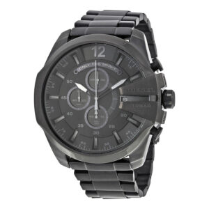Diesel Mega Chief chronograph watch with black dial, stainless steel case and bracelet, displaying chronograph subdials