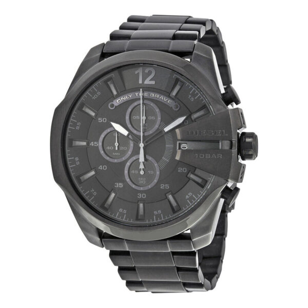 Diesel Mega Chief chronograph watch with black dial, stainless steel case and bracelet, displaying chronograph subdials