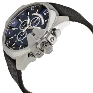 Diesel Mega Chief DZ4423 watch from three-quarter angle showing silver case and black leather strap