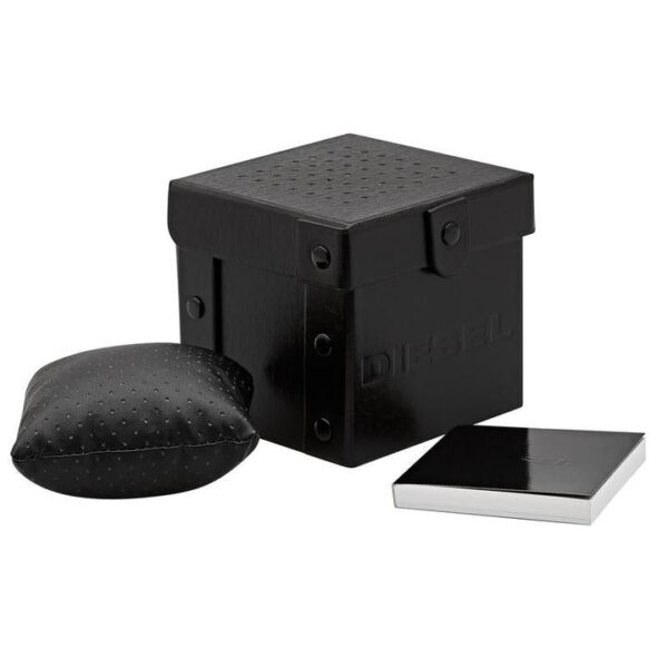 Diesel Mega Chief DZ4423 gift box packaging with black case, cushion, and warranty card