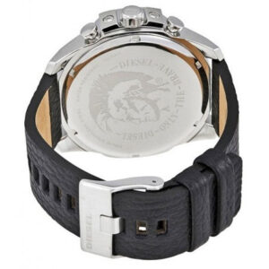 Caseback view of Diesel Mega Chief DZ4423 with engraved logo and leather strap visible