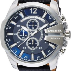 Diesel Mega Chief DZ4423 watch with blue dial, three chronograph subdials, silver case, and black leather strap