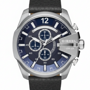 Front view of Diesel Mega Chief chronograph with blue dial and multiple subdials on black leather band