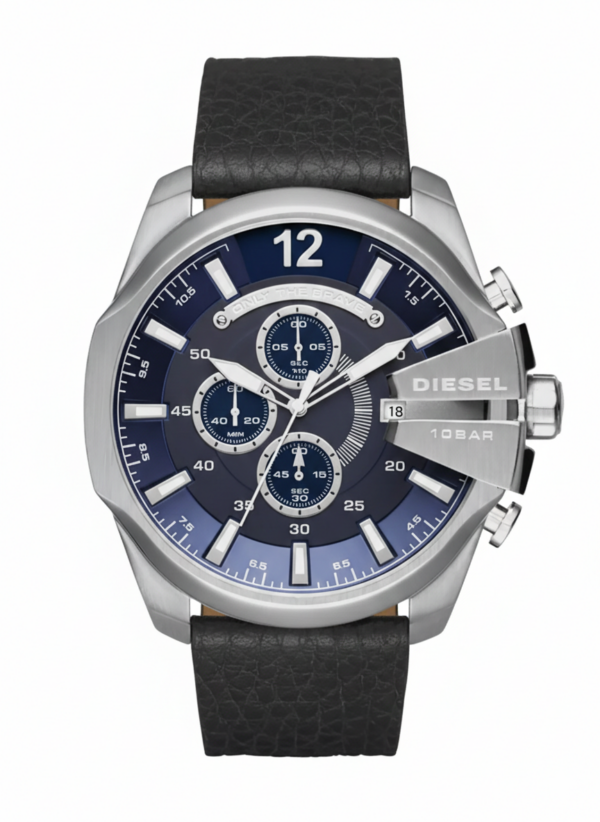 Front view of Diesel Mega Chief chronograph with blue dial and multiple subdials on black leather band