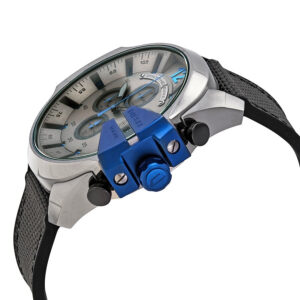Side angle view of Diesel Mega Chief DZ4500 showing blue chronograph pushers and grey fabric strap