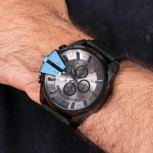 Diesel Mega Chief DZ4500 chronograph watch worn on wrist showing grey dial and blue accents