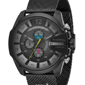 Diesel Mega Chief chronograph watch with black dial and mesh strap