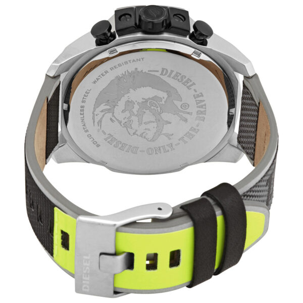 Diesel Mega Chief DZ4523 caseback with engraved logo and neon yellow textile strap detail