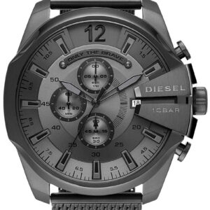 Diesel Mega Chief chronograph watch with grey dial, three subdials, and metal mesh bracelet