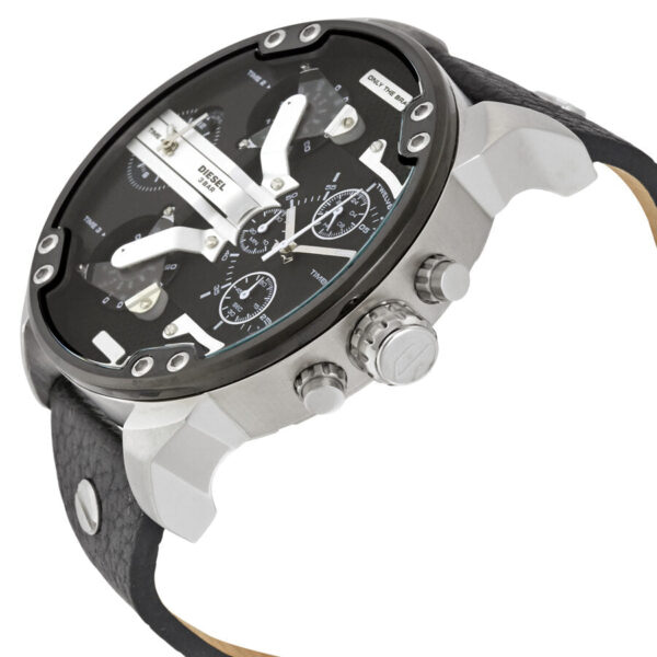 Diesel Mr. Daddy 2.0 angled view showing black dial, silver chronograph subdials, and leather strap detail