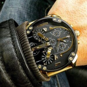 Diesel Mr. Daddy 2.0 worn on wrist displaying black chronograph dial with gold subdials