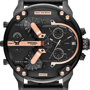 Diesel Mr Daddy chronograph watch with black dial, rose gold hands, and four time zone subdials
