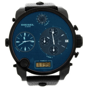 Diesel SBA front view featuring iridescent blue dial, dual time zone displays, chronograph subdials, and digital window