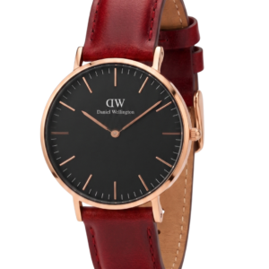 Daniel Wellington St. Mawes watch on wrist with red genuine leather Bondi strap