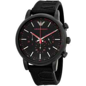 Emporio Armani AR11024 watch at three-quarter angle showing black case, dial, and rubber strap