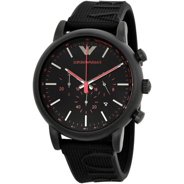 Emporio Armani AR11024 watch at three-quarter angle showing black case, dial, and rubber strap