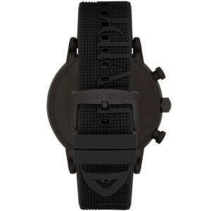 Emporio Armani AR11024 watch caseback showing black screw-down case and rubber strap