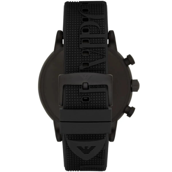 Emporio Armani AR11024 watch caseback showing black screw-down case and rubber strap