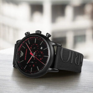 Emporio Armani AR11024 black watch displayed on-wrist showing dial and rubber strap