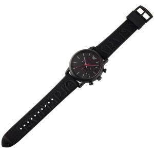 Emporio Armani AR11024 black chronograph watch worn on wrist with black rubber strap