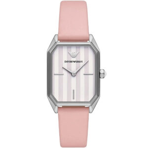 Emporio Armani AR11207 rectangular watch with silver case, white dial, and pink leather strap