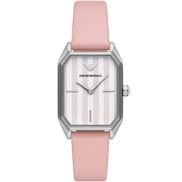 Emporio Armani AR11207 rectangular watch with silver case, white dial, and pink leather strap