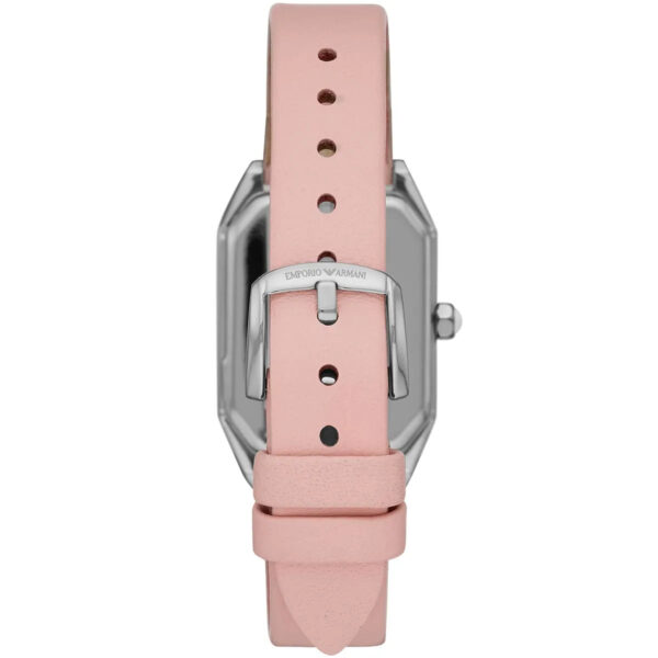 Close-up of pink genuine leather strap on AR11207 with adjustment holes and buckle