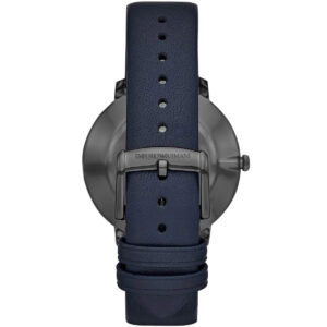 Back view of Emporio Armani AR11214 watch showing gray case and navy leather strap with buckle