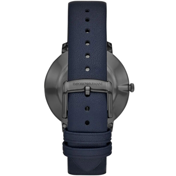 Back view of Emporio Armani AR11214 watch showing gray case and navy leather strap with buckle